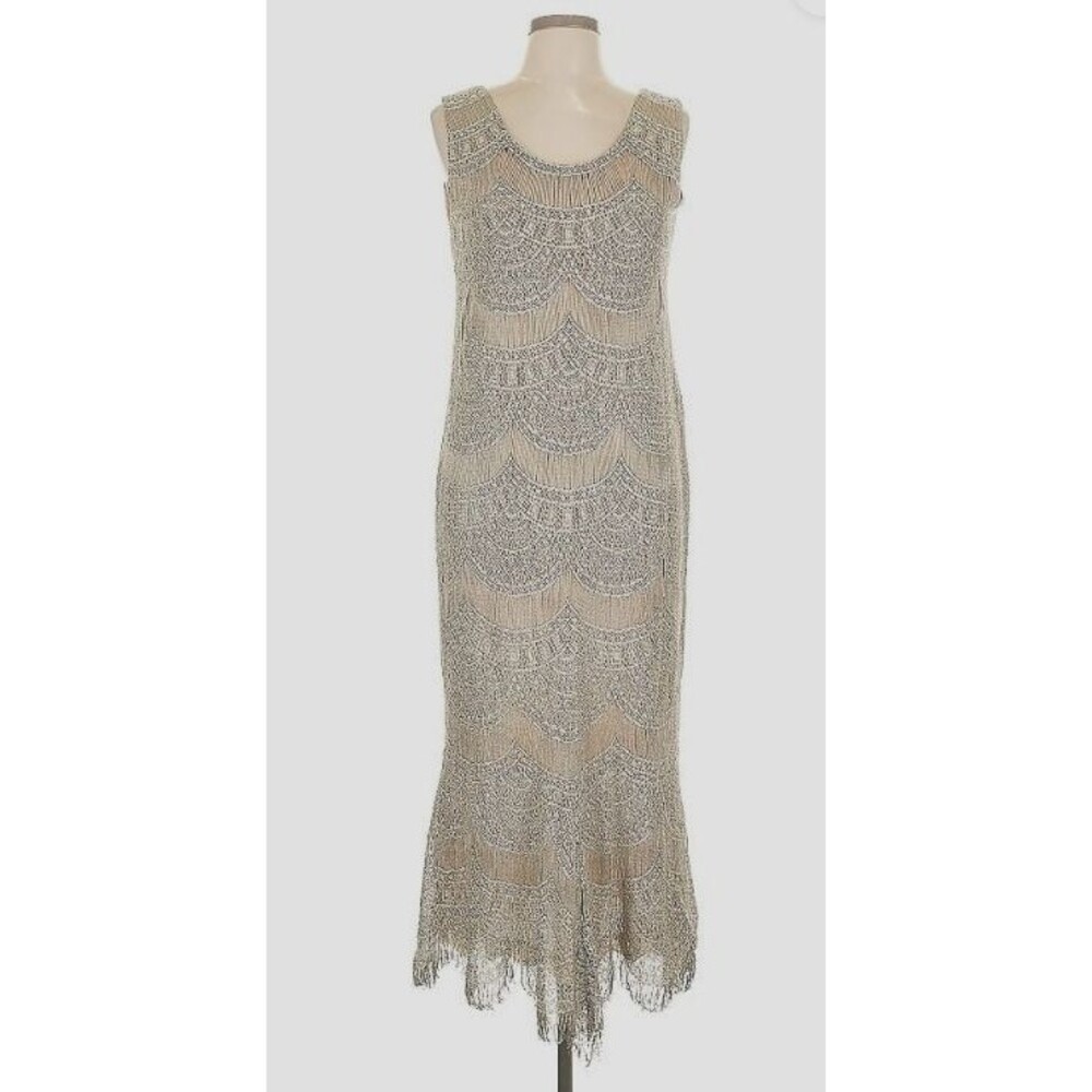 Damianou Metallic Silver Lace Maxi Dress Women’s Size L Sleeveless Lined